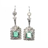 A PAIR OF EMERALD AND DIAMOND PENDANT EARRINGS