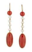 A PAIR OF CORAL AND PEARL PENDANT EARRINGS