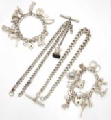 TWO SILVER CHARM BRACELETS AND TWO SILVER ALBERT CHAINS