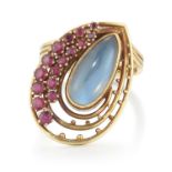 CLARE STREET - AN 18 CARAT GOLD MOONSTONE AND RUBY CLUSTER RING