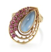 CLARE STREET - AN 18 CARAT GOLD MOONSTONE AND RUBY CLUSTER RING