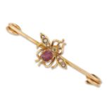 A LATE VICTORIAN RUBY, DIAMOND AND SEED PEARL INSECT BAR BROOCH