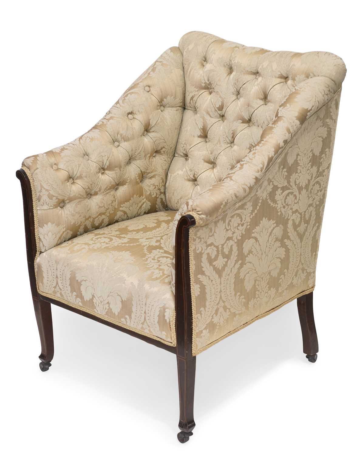 AN EDWARDIAN STRING-INLAID MAHOGANY AND UPHOLSTERED PARLOUR CHAIR