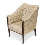 AN EDWARDIAN STRING-INLAID MAHOGANY AND UPHOLSTERED PARLOUR CHAIR