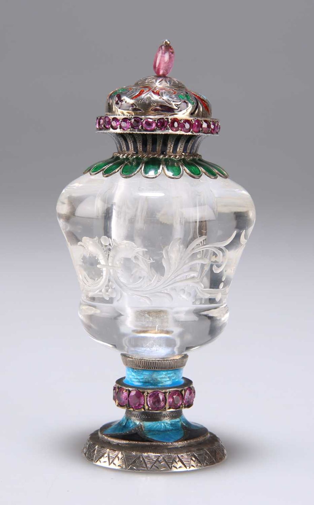 A FINE VIENNESE ROCK CRYSTAL, RUBY AND ENAMEL SCENT BOTTLE, SECOND HALF OF 19TH CENTURY