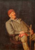 19TH CENTURY EUROPEAN SCHOOL PORTRAIT OF A MAN SEATED, WEARING A CAP AND HOLDING A CANE