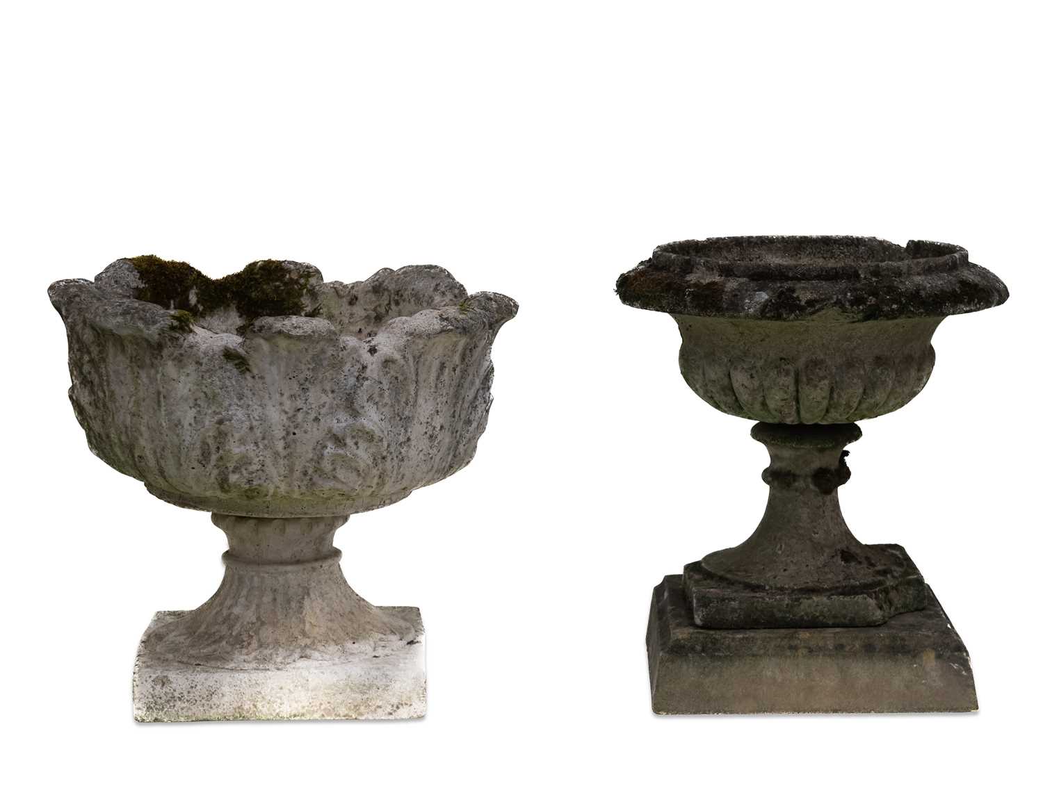 TWO COMPOSITE STONE GARDEN URNS