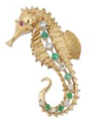 AN EMERALD, DIAMOND AND RUBY SEAHORSE BROOCH
