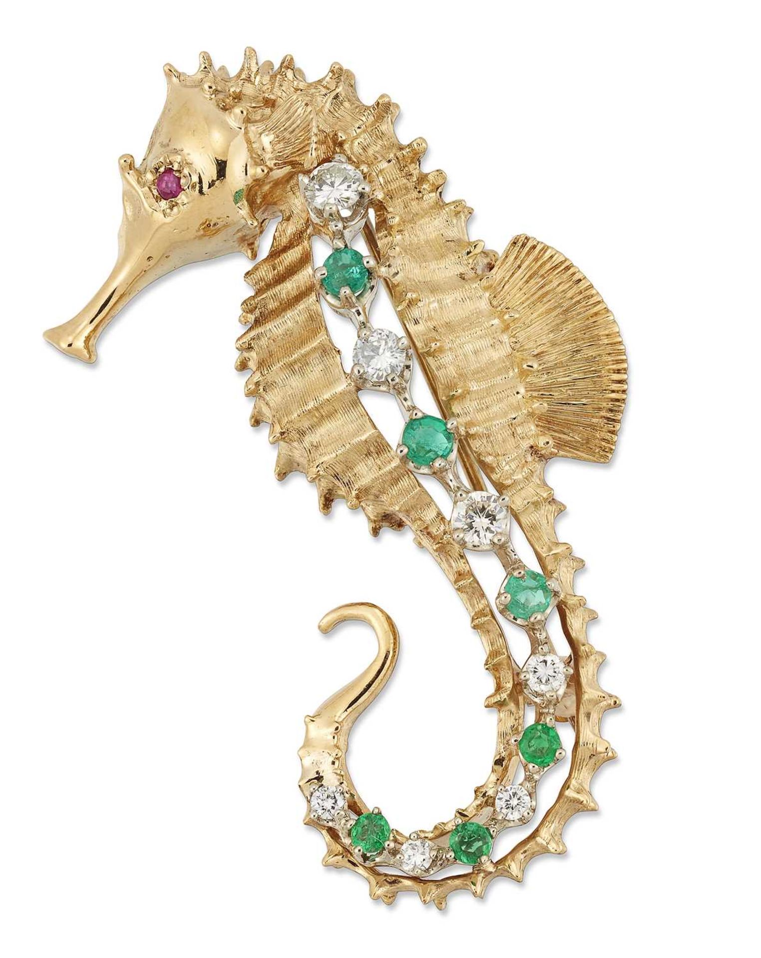 AN EMERALD, DIAMOND AND RUBY SEAHORSE BROOCH