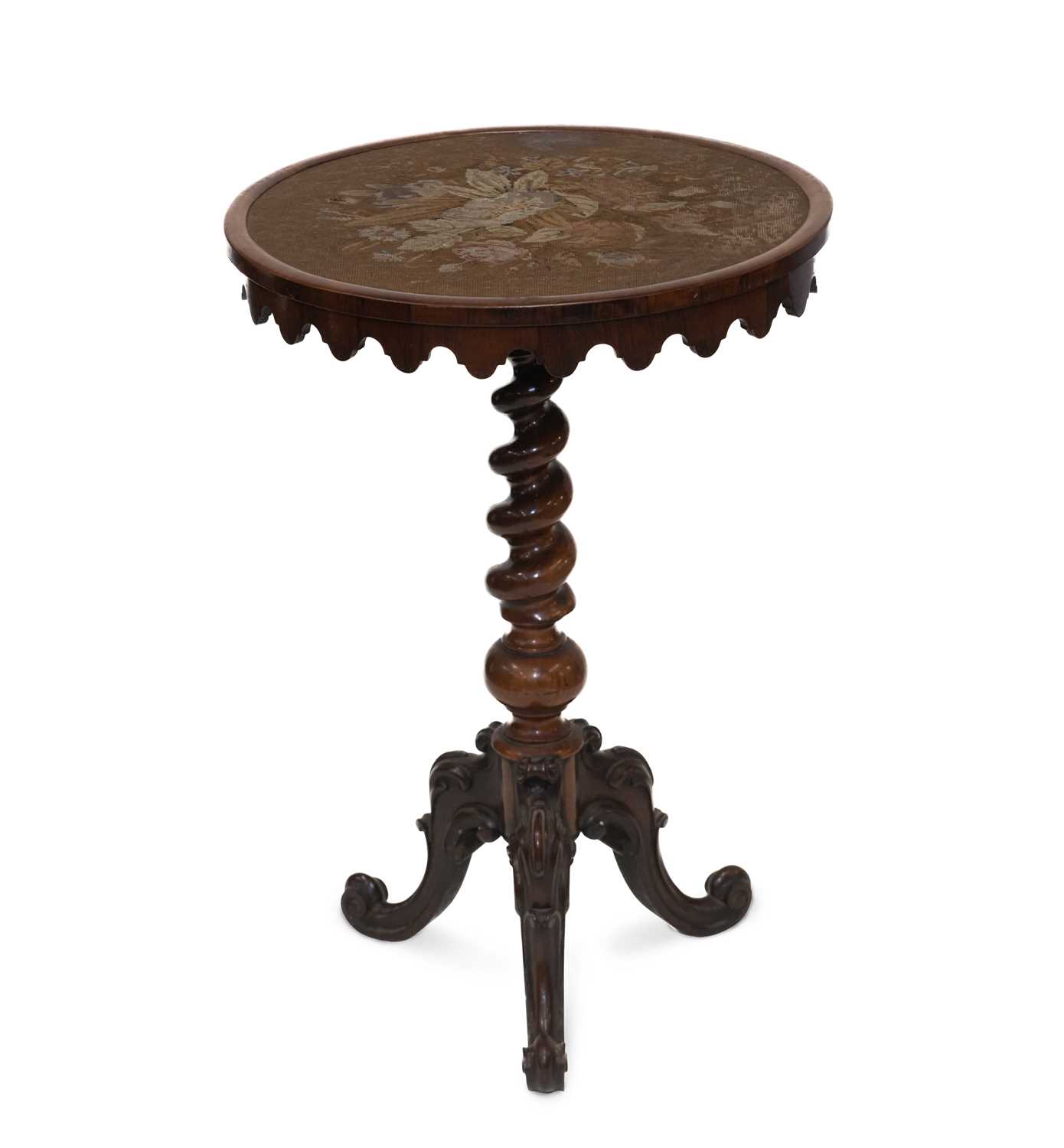 A VICTORIAN ROSEWOOD AND WOOLWORK TRIPOD TABLE