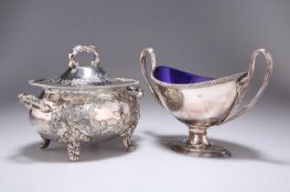 A 19TH CENTURY SILVER-PLATED SAUCE TUREEN AND COVER, AND A TWO-HANDLED PEDESTAL DISH