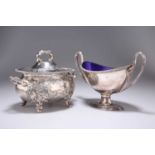 A 19TH CENTURY SILVER-PLATED SAUCE TUREEN AND COVER, AND A TWO-HANDLED PEDESTAL DISH