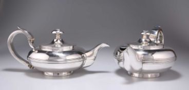 A NEAR PAIR OF GEORGE IV SILVER TEAPOTS