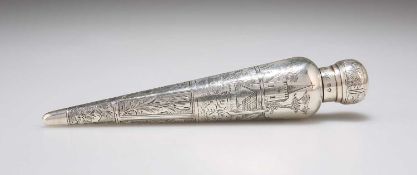 A VICTORIAN ENGRAVED SILVER SCENT FLASK, IN THE MANNER OF KATE GREENAWAY