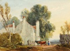 DAVID COX, JR. (1809-1885) A WOMAN DRIVING CATTLE BY A FARM GATE