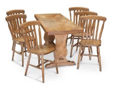 AN ELM REFECTORY TABLE AND SIX PINE KITCHEN CHAIRS