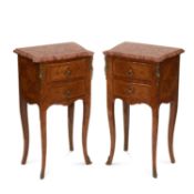 A PAIR OF LOUIS XV STYLE MARBLE-TOPPED AND GILT METAL-MOUNTED MARQUETRY SIDE TABLES