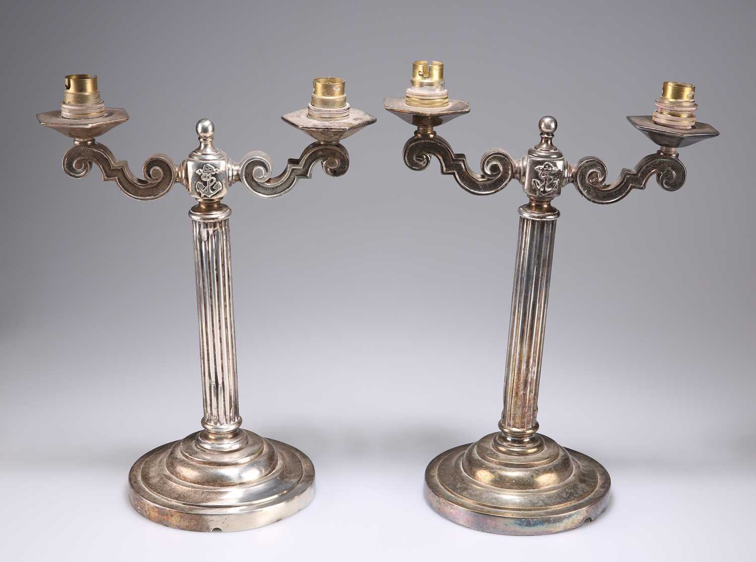 A PAIR OF EARLY 20TH CENTURY SILVER PLATED TABLE LAMPS, POSSIBLY FROM AN OCEAN LINER