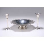 A SILVER DISH AND A PAIR OF CONTINENTAL SILVER BUD VASES