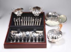 A GROUP OF SILVER PLATE COMPRISING A CANTEEN OF CUTLERY, AN HORS D'OEUVRES DISH, AND A TEA SERVICE