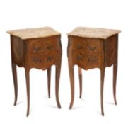 A PAIR OF FLORAL MARQUETRY, WALNUT AND MARBLE-TOPPED SIDE TABLES, IN LOUIS XV STYLE
