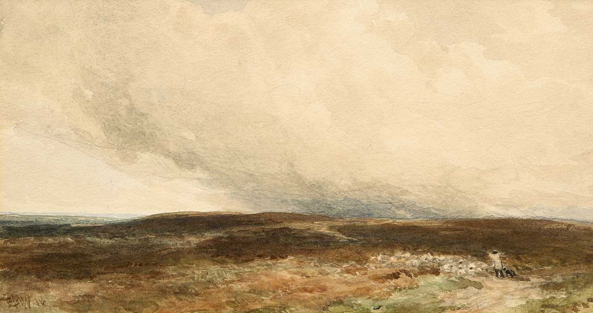 EDMUND MORISON WIMPERIS (1835-1900) MOORLAND SCENE WITH SHEPHERD AND SHEEP