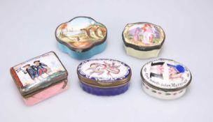 A GROUP OF FIVE 18TH CENTURY AND LATER ENAMEL PATCH BOXES