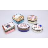 A GROUP OF FIVE 18TH CENTURY AND LATER ENAMEL PATCH BOXES