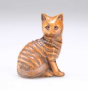 A JAPANESE CARVED WOOD CAT NETSUKE