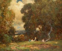 OWEN BOWEN (1873-1967) FIGURES PICNICKING IN A COUNTRY LANDSCAPE
