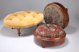 TWO VICTORIAN BEADWORK FOOTSTOOLS AND A LATER DEEP-BUTTONED FOOTSTOOL
