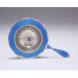 A CONTINENTAL SILVER AND BLUE ENAMEL TEA STRAINER