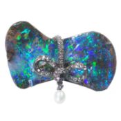 AN EARLY 20TH CENTURY BLACK BOULDER OPAL, DIAMOND AND PEARL BROOCH