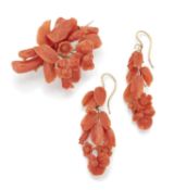 A MID-19TH CENTURY CARVED CORAL BROOCH AND EARRINGS SET