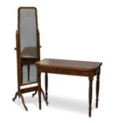 A QUEEN ANNE STYLE WALNUT CHEVAL MIRROR, AND A VICTORIAN INLAID MAHOGANY FOLDOVER TEA TABLE