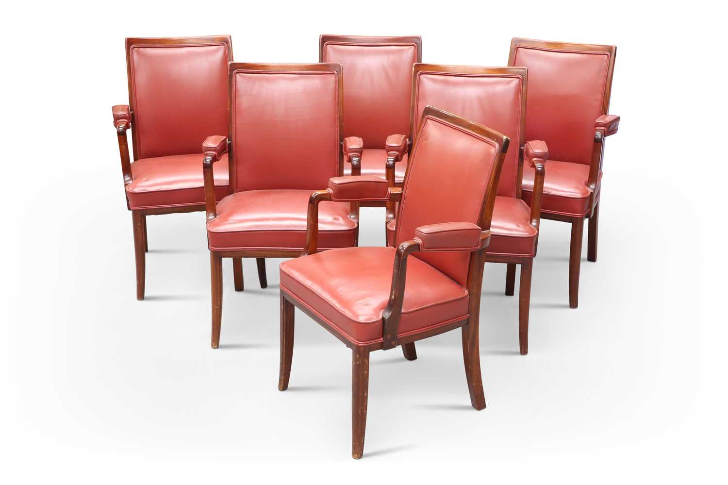 A SET OF SIX 20TH CENTURY TEAK AND UPHOLSTERED BOARDROOM ARM CHAIRS