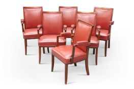 A SET OF SIX 20TH CENTURY TEAK AND UPHOLSTERED BOARDROOM ARM CHAIRS