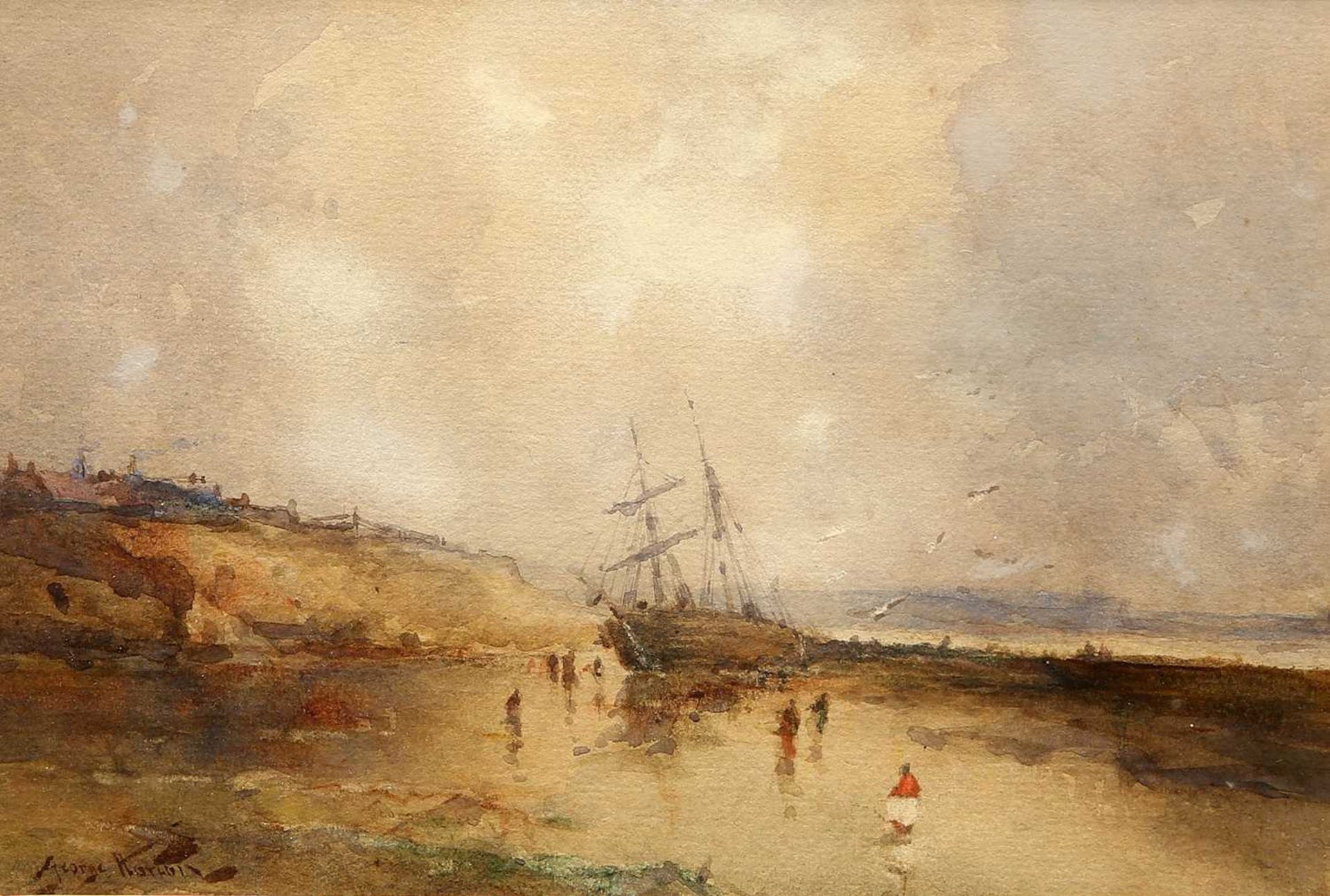 GEORGE EDWARD HORTON (1859-1950) BOAT ON A BEACH, TYNE ESTUARY