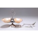 A PAIR OF ELIZABETH II SILVER 'PHEASANT' KNIFE RESTS, AND A SILVER AND MOTHER-OF-PEARL DOUBLE SALT