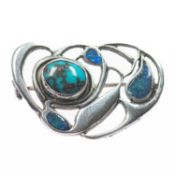 WILLIAM HAIR HASELER FOR LIBERTY & CO - A SILVER, TURQUOISE AND ENAMEL BROOCH