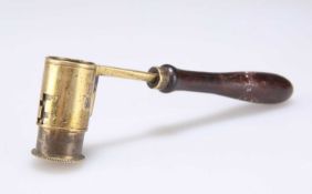 A 19TH CENTURY TREEN AND BRASS SHOT MEASURE