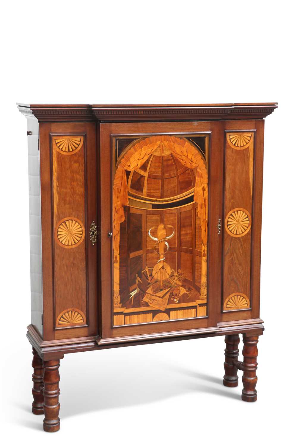 MASONIC INTEREST: AN INLAID MAHOGANY CABINET ON STAND, 19TH CENTURY