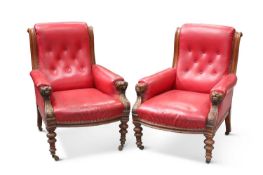 A PAIR OF VICTORIAN OAK AND UPHOLSTERED LIBRARY CHAIRS