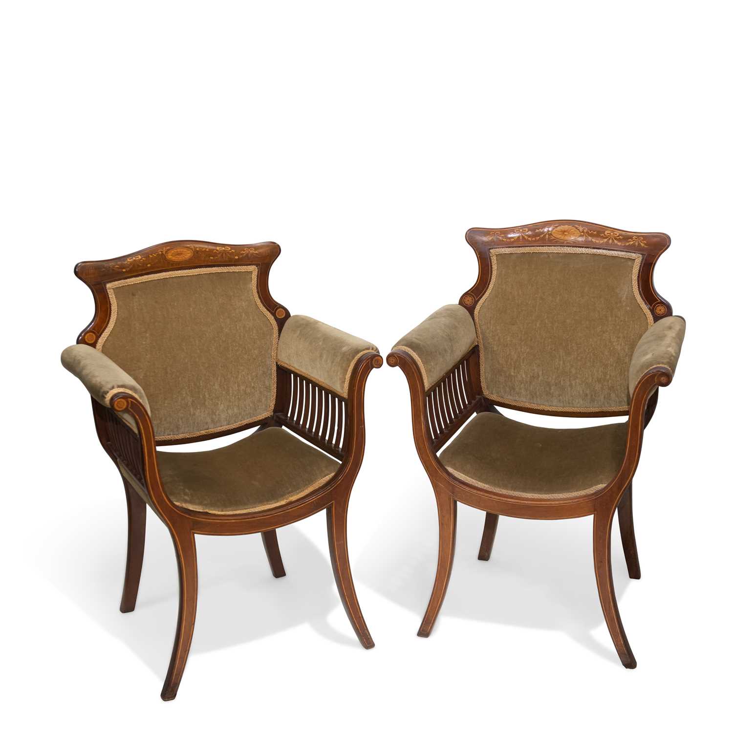 A PAIR OF EDWARDIAN INLAID MAHOGANY TUB CHAIRS