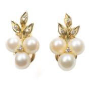 A PAIR OF CULTURED PEARL AND DIAMOND EARRINGS