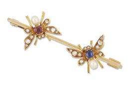 A LATE 19TH CENTURY RUBY, SAPPHIRE, DIAMOND AND PEARL INSECT BROOCH