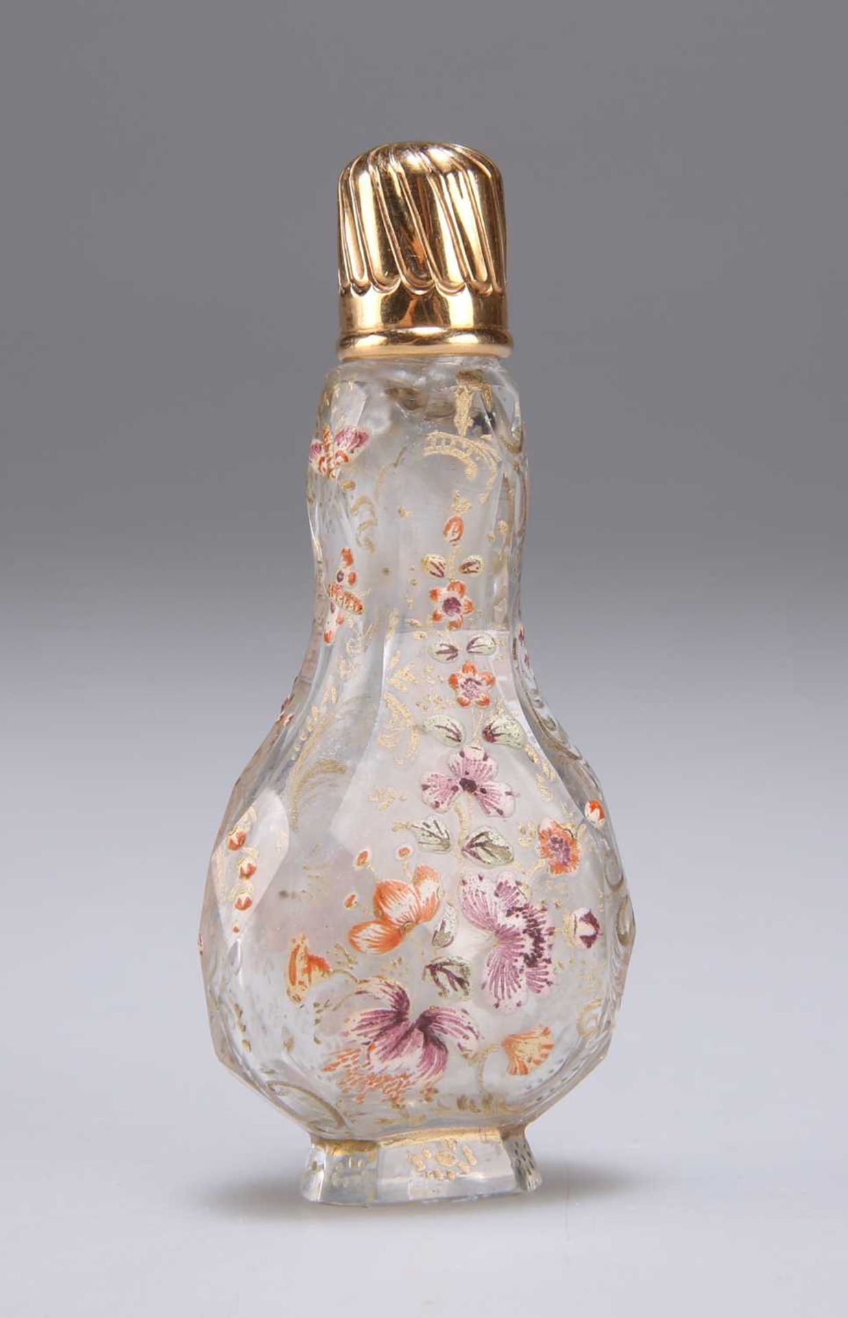 A GLASS SCENT BOTTLE, CIRCA 1760-70, PROBABLY DECORATED IN THE LONDON ATELIER OF JAMES GILES