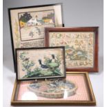 THREE TEXTILE PICTURES AND A CHINESE RICE PAPER PAINTING