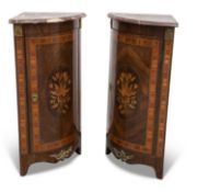 A PAIR OF LOUIS XV STYLE MARBLE-TOPPED AND GILT METAL-MOUNTED KINGWOOD ENCOIGNURES