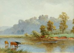 J.B NOEL (19TH/20TH CENTURY) CATTLE DRINKING IN A RIVER WITH A RUINED CASTLE BEYOND